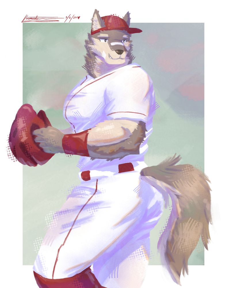 A painting of an anthropomorphic wolfdog original character named Touya Fumikatsu. He is holding a red baseball glove while looking to the side.

The painting was completed on June 5, 2025 and took a month to complete due to their job and school.