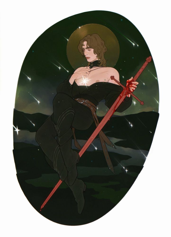 art of Earley holding a red sword, blood dripping from her fingers. There's a halo around her head and a simple landscape with a river winding through it while stars fall from the sky 
