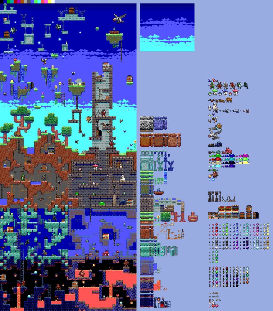 EGA-spec fantasy side-scroller mockup of various environments.