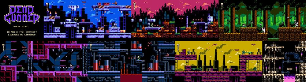 NES-spec tech-fantasy side-scroller environment mockups for Dead Gunner.