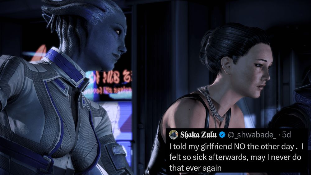 An image of Shepard and Liara. The text over Shepard reads 'I told my girlfriend NO the other day. I felt so sick afterwards, may I never do that ever again'.