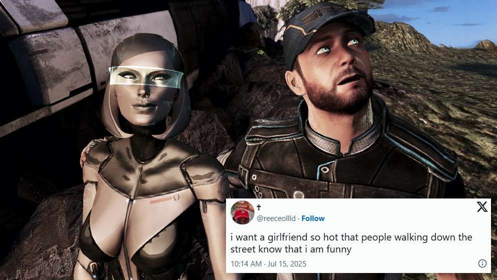 A picture of Joker and EDI with text which reads "I want a girlfriend so hot that people walking down the street know that I am funny".