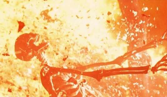 An image of a skeleton in a fiery explosion.