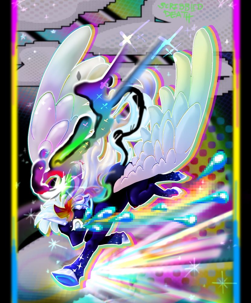 digital art, tall vertical illustration of a My Little Pony fan character.

Black alicorn with white hair, wings and hooves, there's a few rainbow strands of hair, and opal iridescent shimmer to their wings.
A melting rainbow halo floats in a splatter across the image. Their hooves shine, white glitter tattooed up the legs. As they fly forward a bright burst of rainbow stretches out like a splash.

Their white eye is also crying a streak of rainbow and pixelated tears.

A black light like poster is the abstracted background, dotted clouds and rainbow faintly saturated the black void.