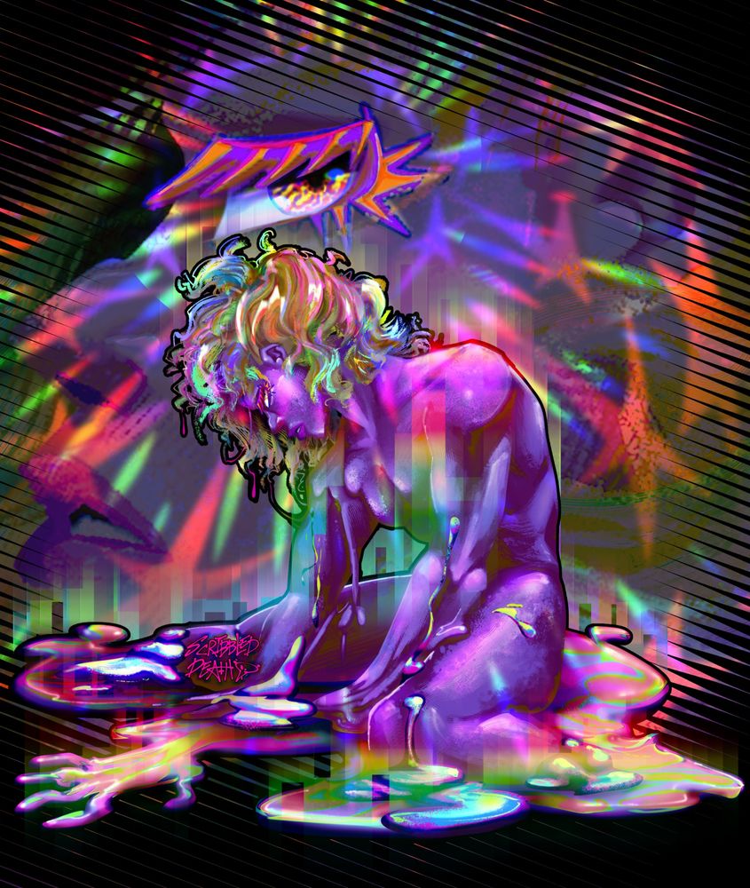redraw of the same idea but pumped up, drawin in 2020 .

Illustration of a purple bodied masculine person melting into the floor into a rainbow puddle, looking almost sultry expression, they also have curly rainbow hair. Background is a close up of their purple and gold eye and eye lashes, many multi colored stars are swirling sround.