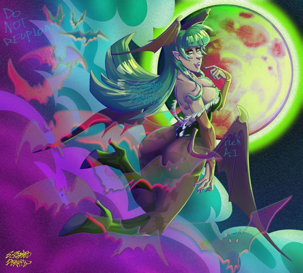 digital art, pin up , anime art style 
vivid colorful fanart illustration of Morrigan from Darkstalkers arcade game.
 She's facing away from the viewer mid flight above the clouds, full moon behind her as her butt is more of the focal point to this cheeky pose.
Green and purple, with lemon bright yellow and lime colors

the moon is green and red , void sky, no stars, but many shadow bats fly around the screen