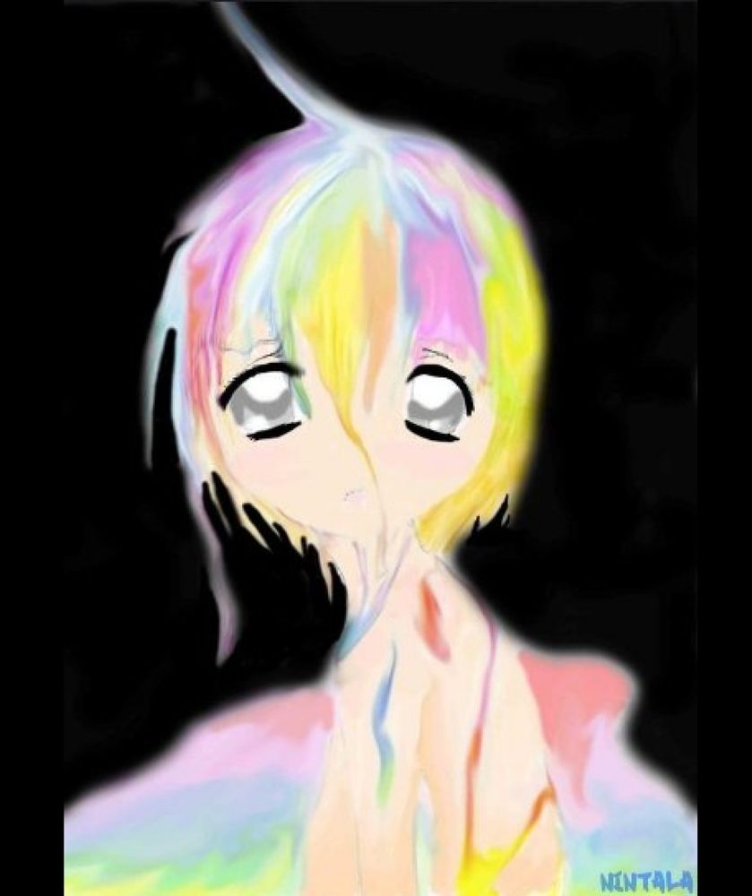one of the earliest doodles in photoshop, originally drawn on paper with color pencils
Taken into Photoshop Elements 6 and painted/smudged to give it a smooth liquid look.

Very large headed and eyes nime boy sitting in a puddle of melting rainbows, he himself is also melting, eyes are grey, skin pale peach, and hair of rainbows.
He looks sad, like an abandoned puppy. in a void of black. Colors are very mid saturation to pale pastel.