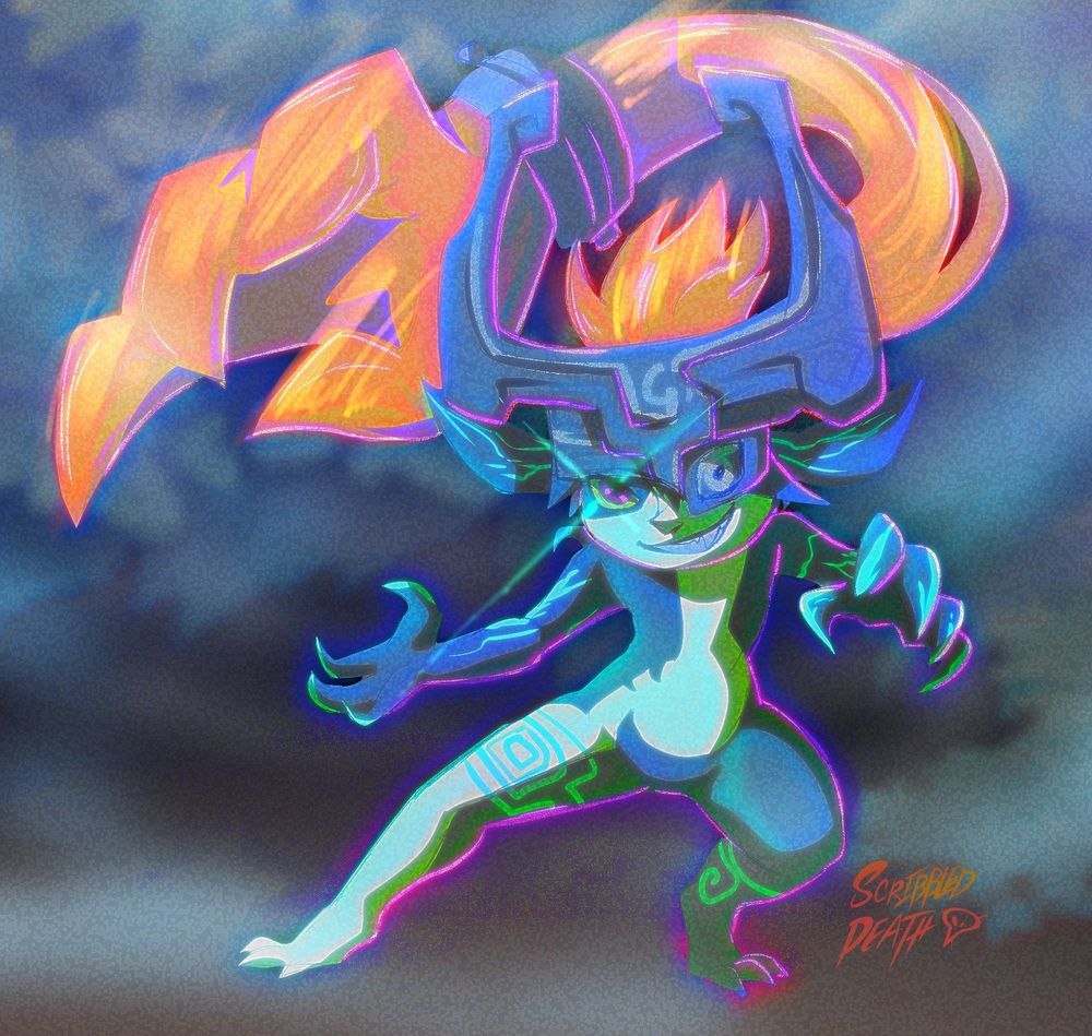 digital art. anime screenshot style cell shading. Legend of Zelda : Twilight Princess character,
Midna. a short adult gremlin woman of supernatural magic stands legs and arms spread out ready to fight, skin color is grey green and dark teal with crooked squiggles of glowing blue across her body. . She has this weird orange hair hand and stone crown topping her fighting stance. Her right eye is visible and glowing, she has a smirk of a troublemaker.

Background is a blurred out forest at night.