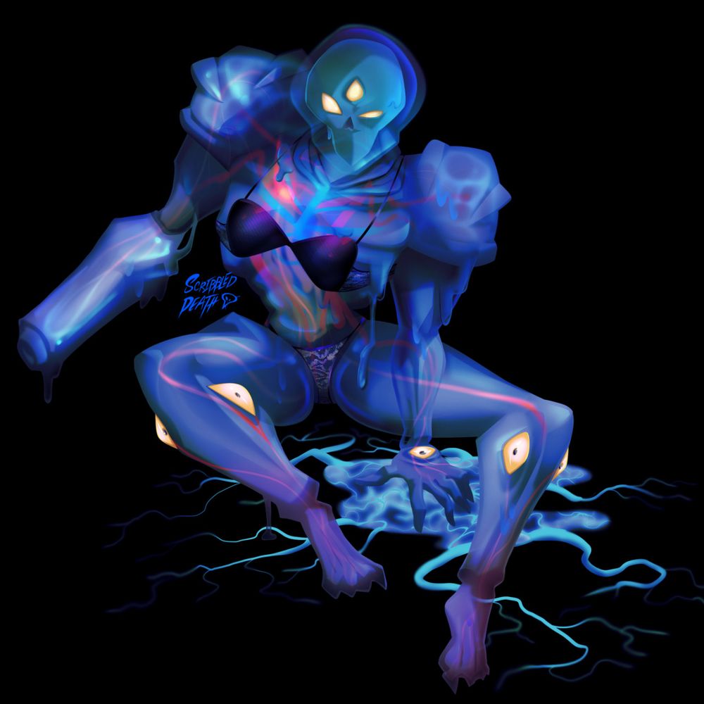 Dark Samus from the Metroid series, her more gelatinous form from the final fight in Echos- where you can see her weird skeleton and veins, 3 eyes on a humanoid skull floating in a helmet of goo. Her left hand and knee caps have large yellow creature eyes.

also wearing lingerie though there is nothing to cover up. a pin up like pose, her sitting on the floor with her hand on a pool of bubbly blue phazon with many veins spreading out, her legs sitting in front of her spread out, weird claw creature feet closest to the viewer but they are a dark purple and black, hard to see