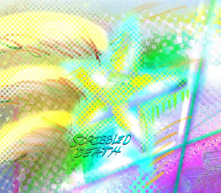 abstract art of a shooting star, mostly made of millions of speckle pixles and dots, many squiggles, rainbow colors with a bright yellow glow
