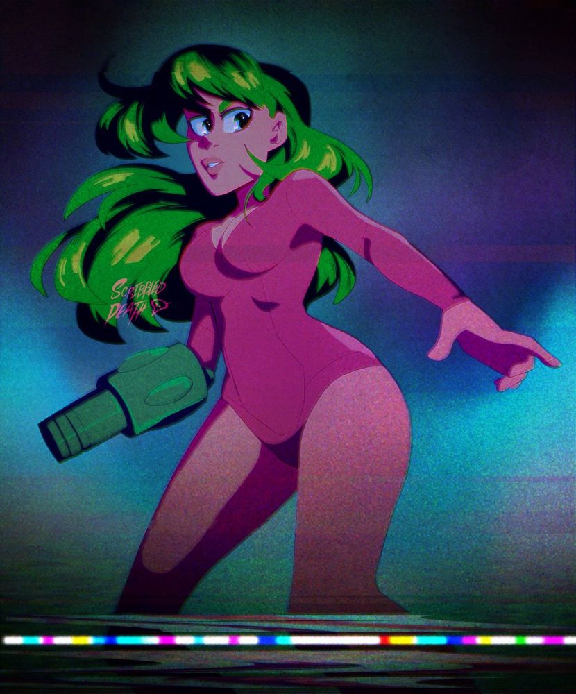 digital anime art, styled in the more retro late 80s anime look.
Samus Aran of the Metroid series, in the more pink and green zero suit from the first Metroid justin bailey hack. this is a long vertical , thigh up art of her in the fog of a blue dark planet, as if about to enter a suspicious place, her arms and legs spread out in a stance on guard, long hair blows in the wind.

There's some VHS tracking error and film jam effect going on to the bottom of the image