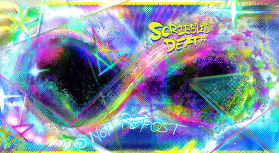 bog dotted full rainbow infinity squiggle, many stars around. Black void between the infinity loops the bright blue sky behind 