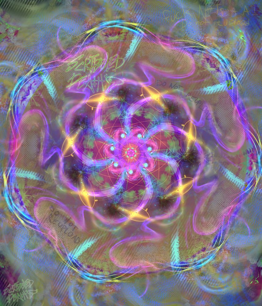 kaleidoscope digital abstract art with symmetry guidelines split across the canvas about 8 times, the blue purple , pink and yellow swirls break off into the center and become a dark purple. 7 bright 4 pointed stars collect around the center void of neon pink and red, with little green orbs tangle in.