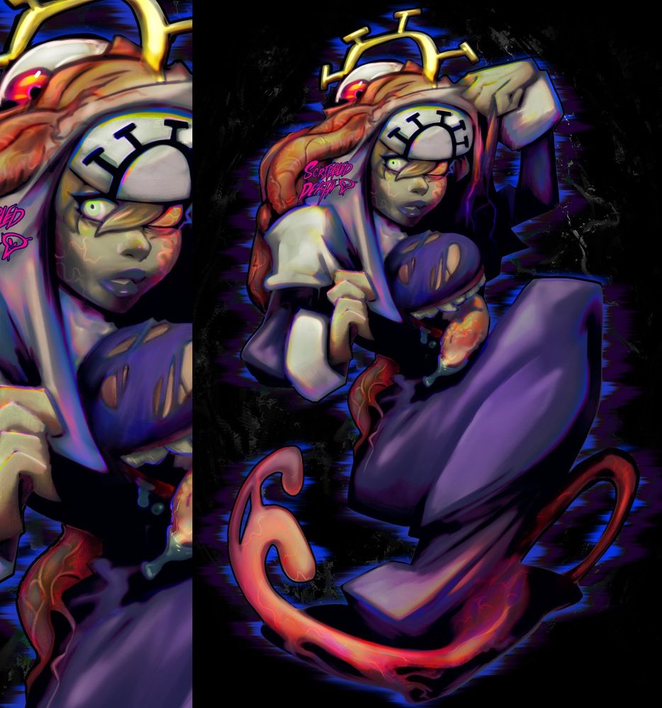 digital art, Double from Skull Girls. A monster woman Nun, her human form of a typical busty blonde nun , with her shapeshifted gooby, tentecle and extra eye limbs emerging from her head. Her torso is also opening up into a mouth, there's a huge single eye on the back of her head with a weird pointy gold halo sticking out of the skull.