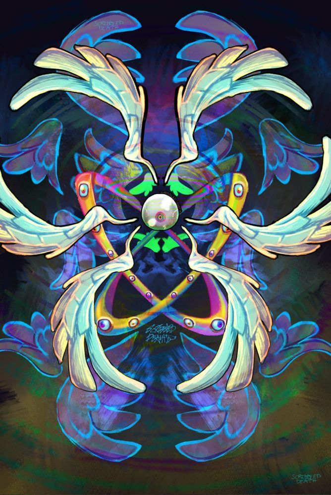 psychedelic angelic eyeball creature. so many wings. around the eye is also gold rings with many colorful eyes embedded into the gold like diamonds.

Background is an abstract dark blue, copper and green wash of color, top to bottom, dark to light color.

The art also has highlighted pops of vibrant primary colors for shading.