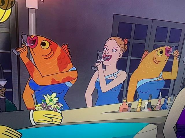 Scene from BOJACK HORSERMAN. Two fish ladies and a human lady are drinking martinis at a fancy bar