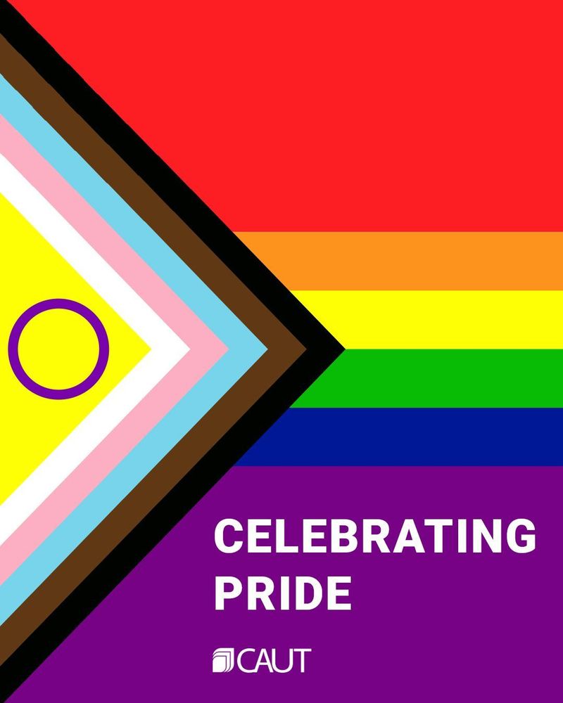 Intersex-inclusive progress pride flag with the text "Celebrating Pride" and the CAUT logo overlaid in the purple section of the flag.