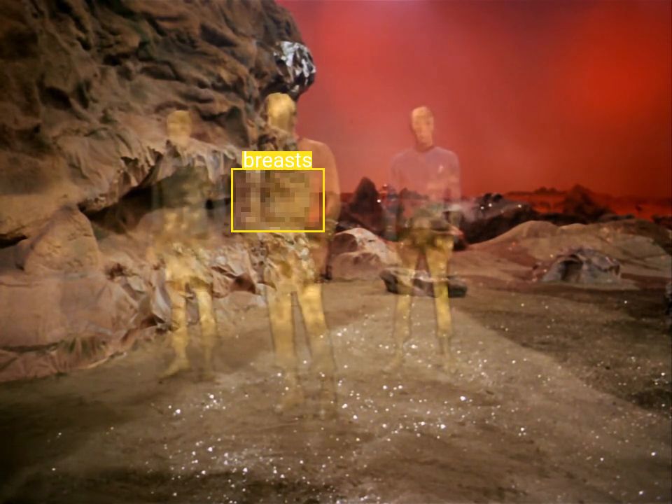 star trek: amok time.
mccoy, kirk, and spock are beaming down to a planet. they're still mostly a colored outline, but the model has already marked shatner's entire chest as breasts 