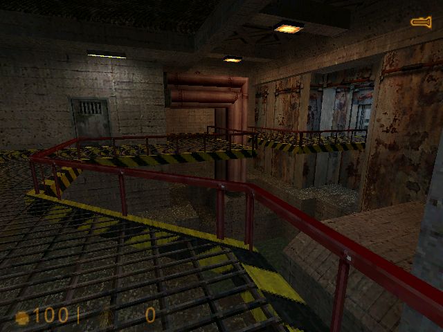 a screenshot of half life 1's hazard course, in software rendering. there's no smoothing of distant textures, resulting in a lot of moire patterns from the scaled down textures in the distance 