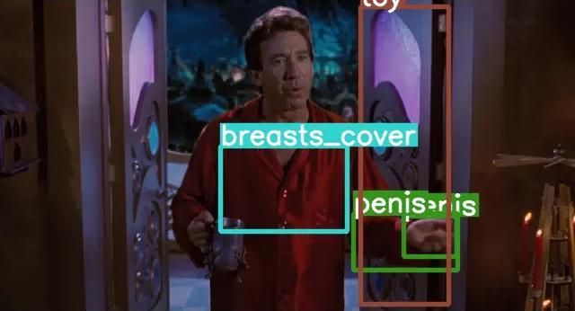 A screenshot from Disney's The Santa Clause:
Tim Allen is wearing a red jacket, and the model has drawn a rectangle around his chest, and labeled it "breasts_covered"
It also marked his hand as a penis, and the door as a toy