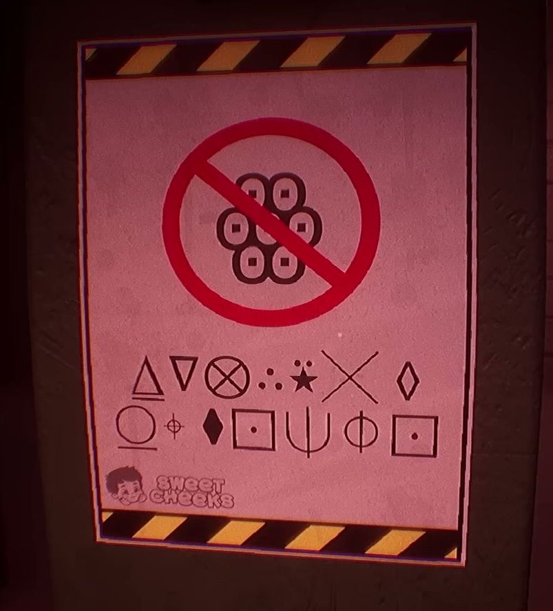 A screenshot of Dollmare, showing a safety sign with a "no" symbol over a (seven-eyed) Multiocular O symbol