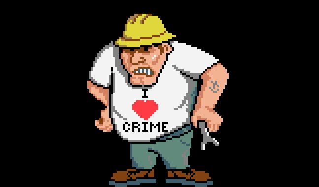 Pixel art of a goon, wearing an "I heart crime" shirt