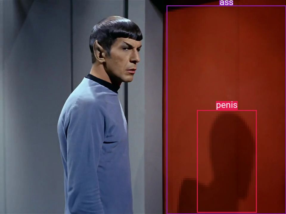 a screenshot of Star Trek: Amok Time. Spock is standing in front of a red door, with his shadow cast upon it.
His shadow is marked as a penis, and the door is marked as an ass 