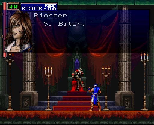 Castlevania: Symphony of the Night, but Richter is saying "5 bitch". 