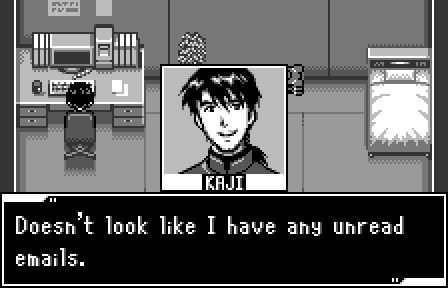 the game Neon Genesis Evangelion - Shito Ikusei, showing Kaji checking his computer, and smiling. The text reads 
