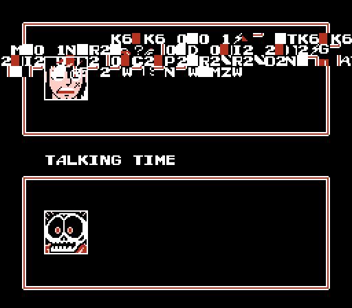 A screenshot of Talking Time from Clash at Demon Head. The protagonist's dialog box is full of random characters, some blocks, and it covers up part of the protagonist's avatar 
