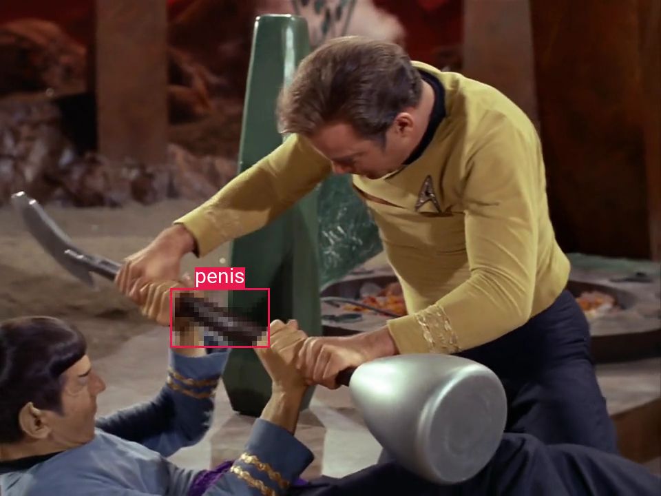 star trek: amok time. Kirk and Spock are fighting with a pole shaped weapon, and the model has marked the pole in between their hands as a penis 