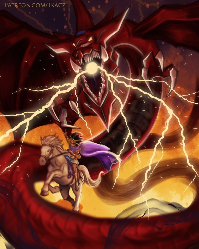 Illustration of Osiris The Sky Dragon and Pharaoh Atem drom Yugioh