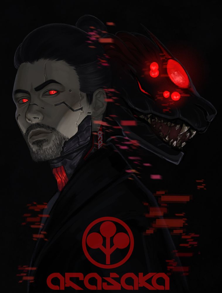 fanart of Takemura Goro from Cyberpunk 2077 ; out of his neck goes out a dog like creature, reminding of the Devil tarot card