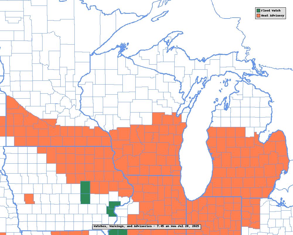 Southern half of Wisconsin is under an excessive heat advisory from 12-8 pm today, July 28.