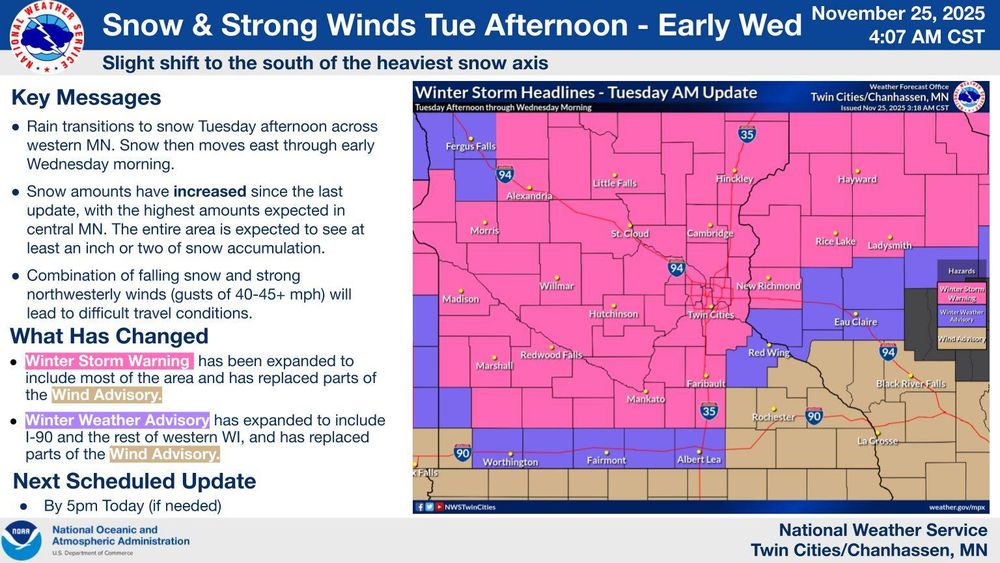 Map showing winter storm warnings and advisories across Minnesota and western Wisconsin with heavy snow and strong northwest winds expected Tuesday afternoon through early Wednesday.