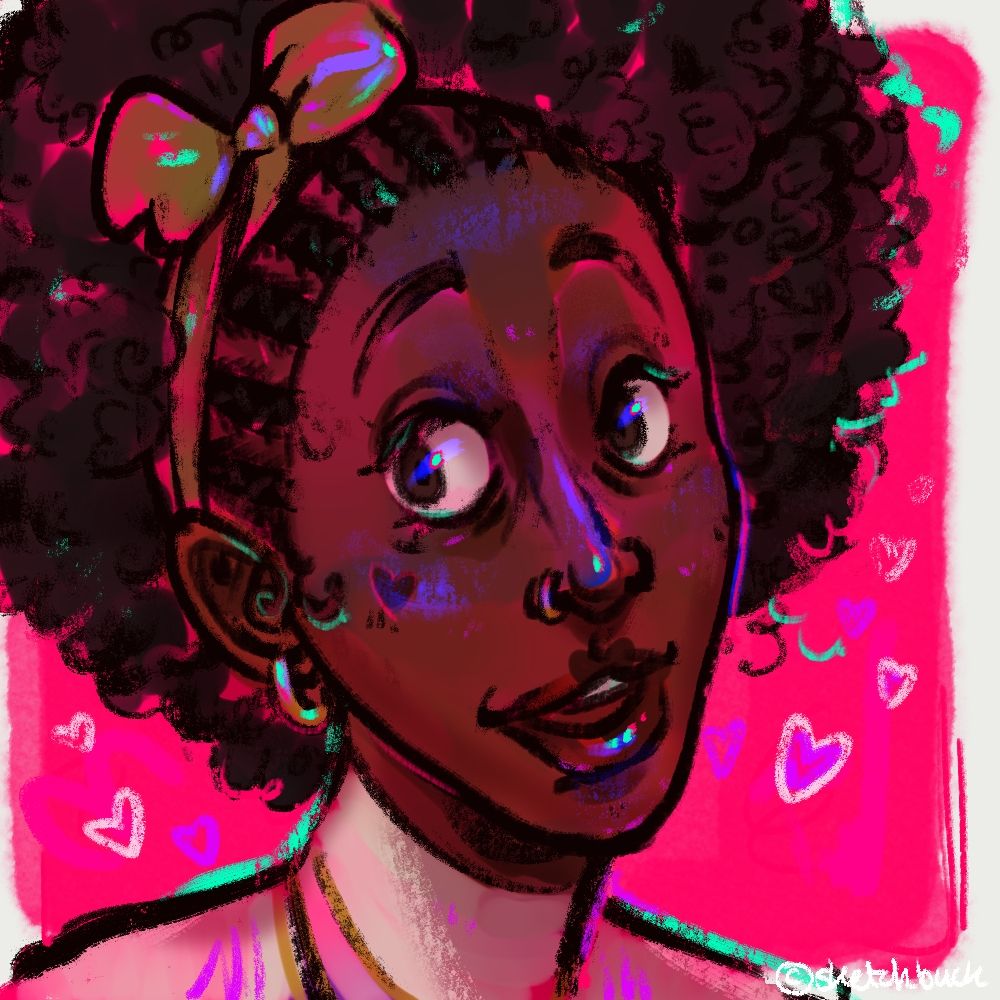 A portrait of a person with dark brown skin and afro hair. The hair has cornrow braids which lead into a loose afro, held away from the face. Ee has a surprised smile. Pink background. (pronouns ee, em, ey)