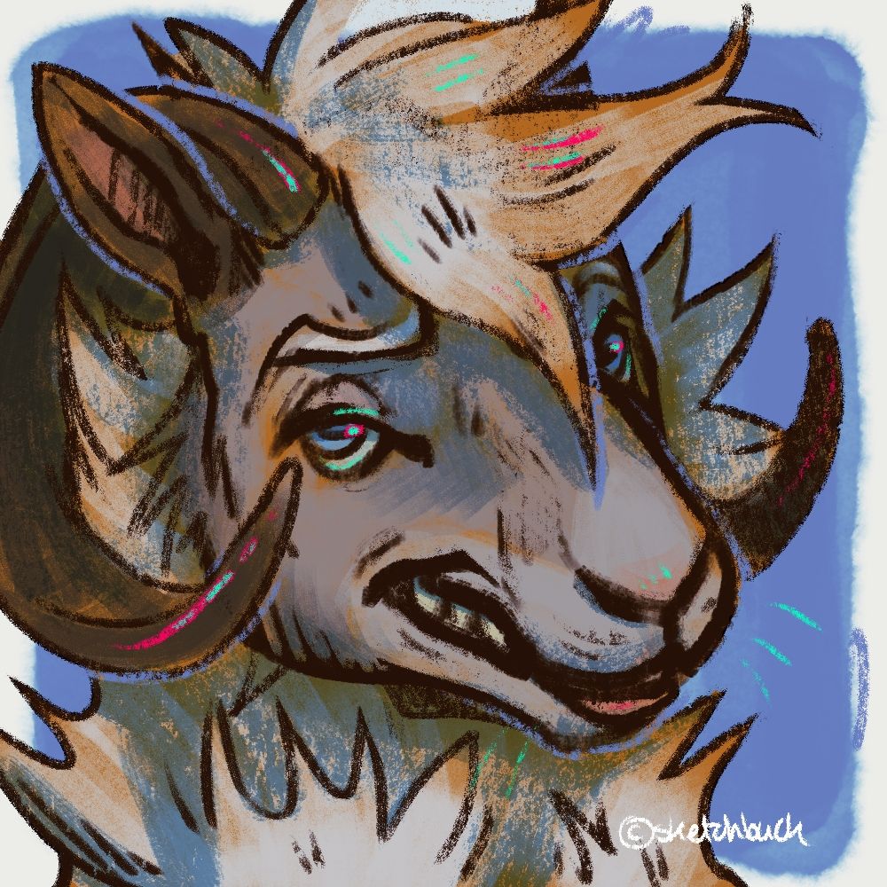 A grey sheep with white, tufty wool. They pull a cheesy grin. Blue background.