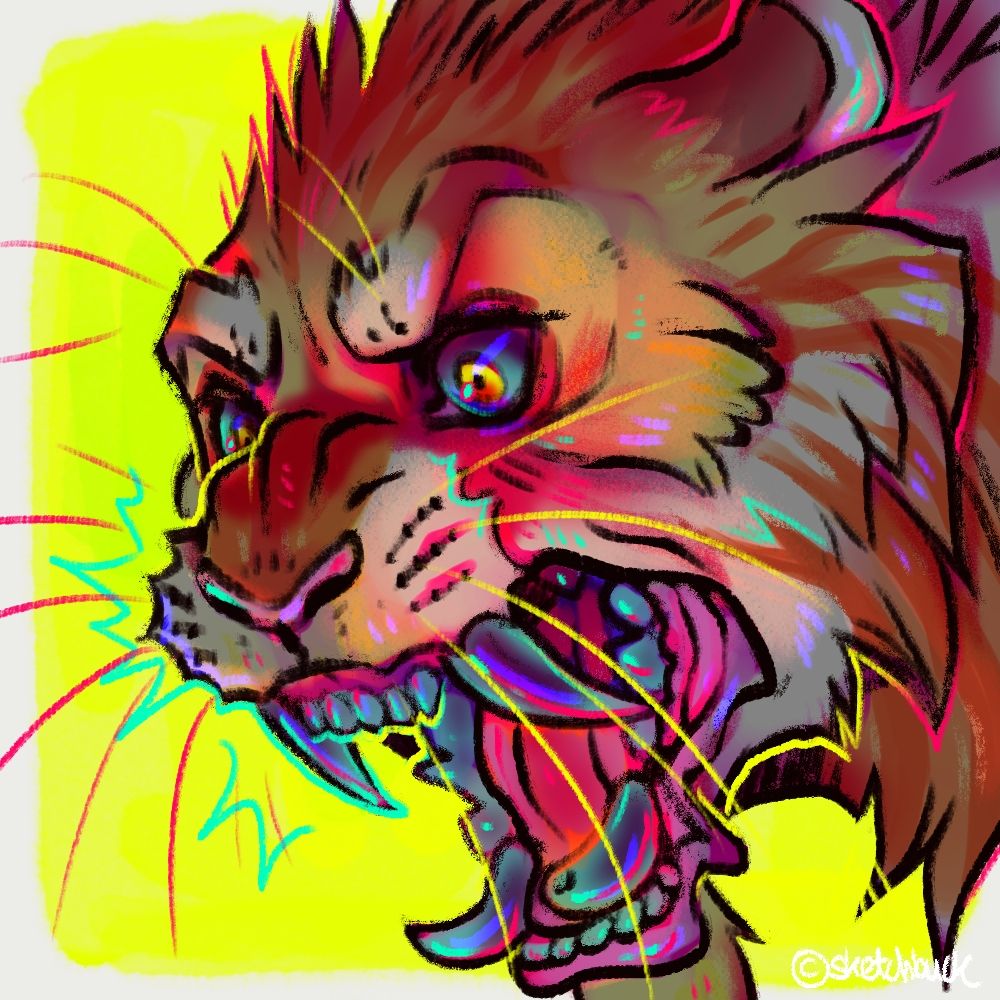 A colourful sabretooth with blue teeth. They snarl. bright yellow/green background.