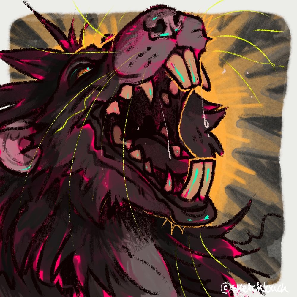 A portrait of an anthro rat with grey fur and black mane. They have an open mouth, yelling with an evil grin. Yellow and grey background.