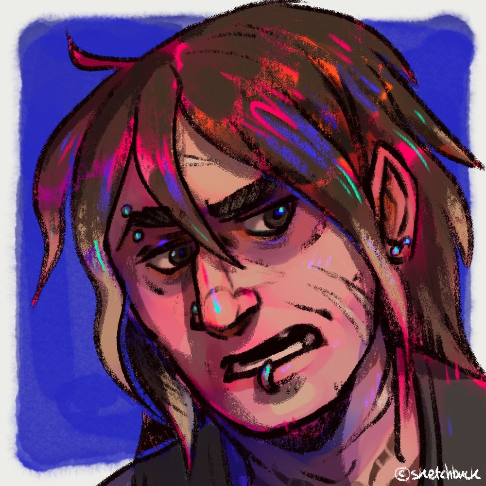 A portrait of a man with long brown hair, facial piercings and scars on his face. Dark blue background.