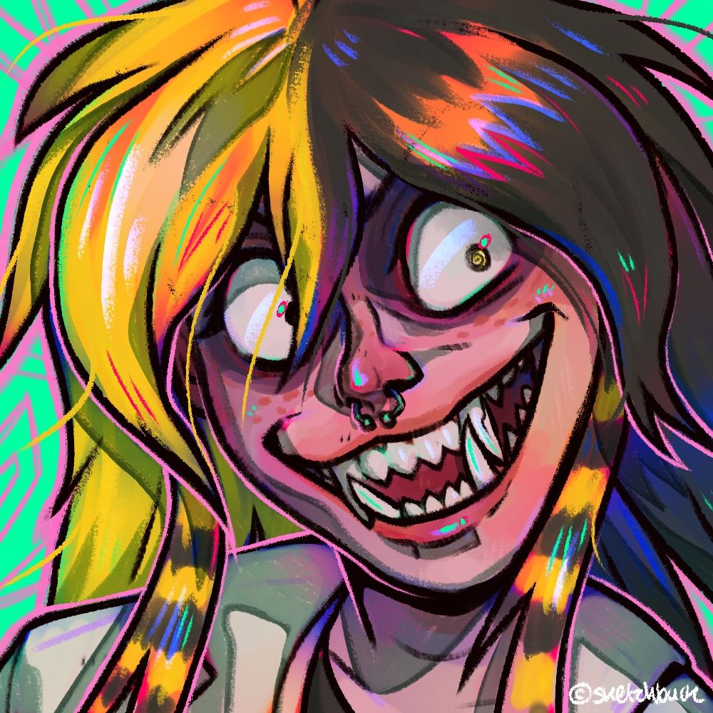 An illustration of an erratic looking human, they have pale skin and freckles, with an exaggerated smile with sharp fangs. They have yellow and black hair with long 'racoon tail' bangs. Zig-zag cyan and pink background.