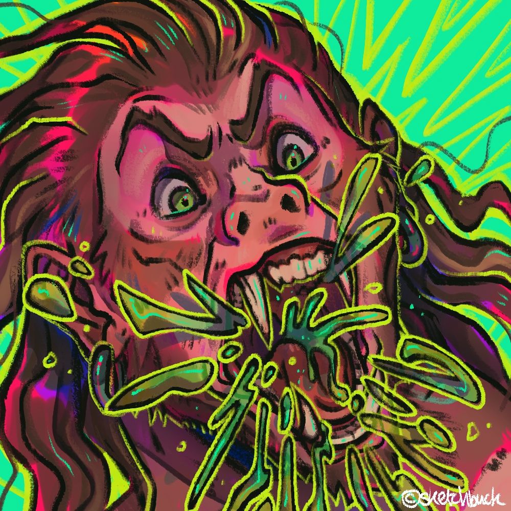 An anthro monkey with slicked back, long brown hair yelling with green slime erupting. Cyan and green zig-zag background.