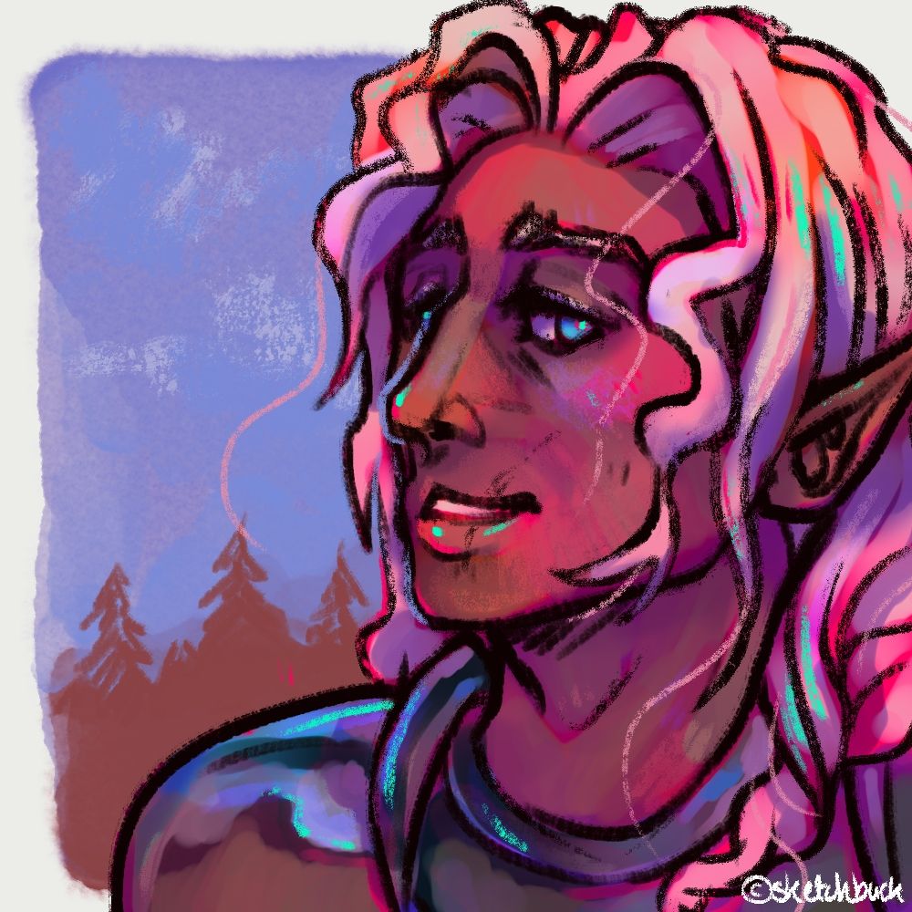 A humanoid with mid-tone purplish/grey skin and pointed ears. He has long wavy white hair and is wearing highly polished armour. Scribbly conifer trees with blue sky background.
