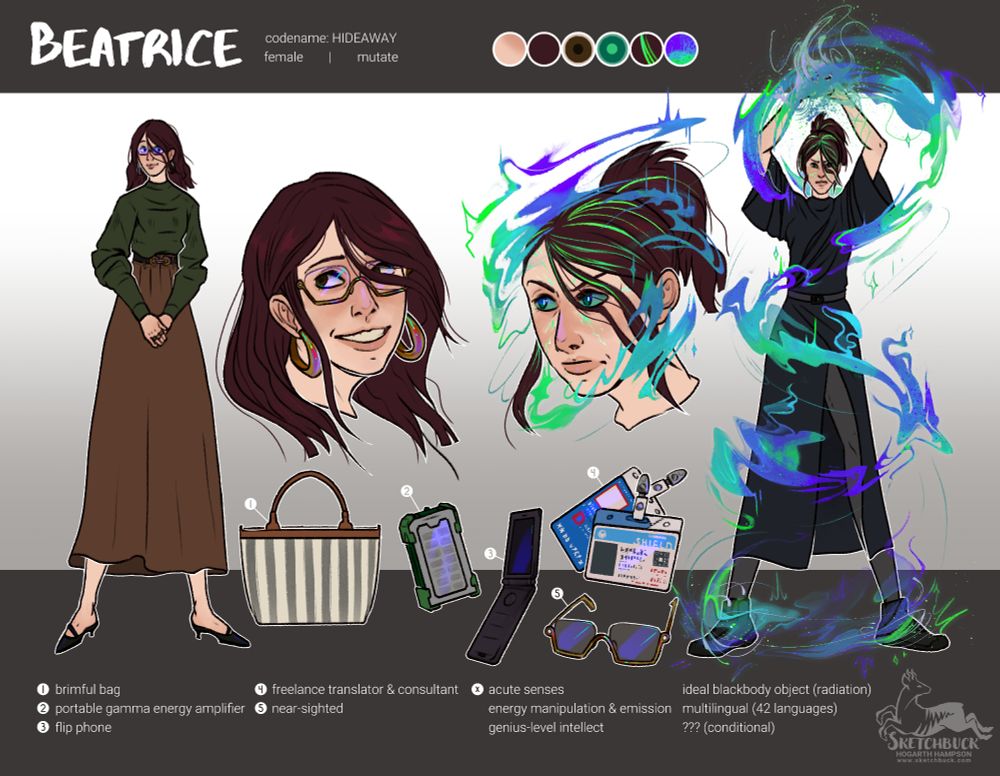 A reference sheet of a woman with pale skin and medium length, straight brown hair. On the left she wears  baggy green jumper (sweater) with a long brown skirt. The headshot shows her with large gold hoop earrings and glasses, she is smiling. To the right is her in her 'uniform' which is a black combat dress with leggings. She is swirling magical energy which is blue and green around her body. The headshot shows her with a stern expression with the energy flowing around her. Below is a collection of her items such as handbag, flip phone and ID.