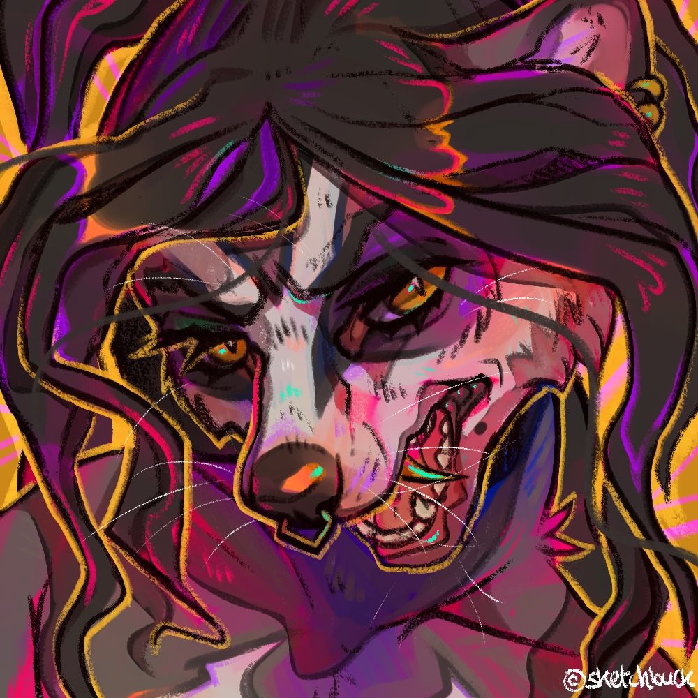 An anthro badger with long black hair and golden fangs, snarls at the viewer. Gold background.