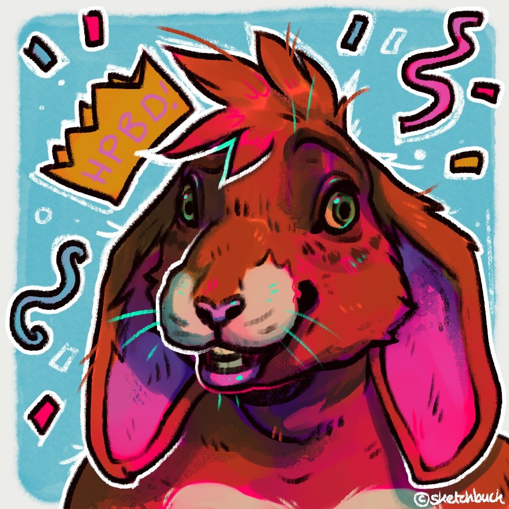 A portrait of a brown bunny with floppy ears. The image is decorated with confetti and a paper party brown that reads 'HPBD' (Happy Birthday).
