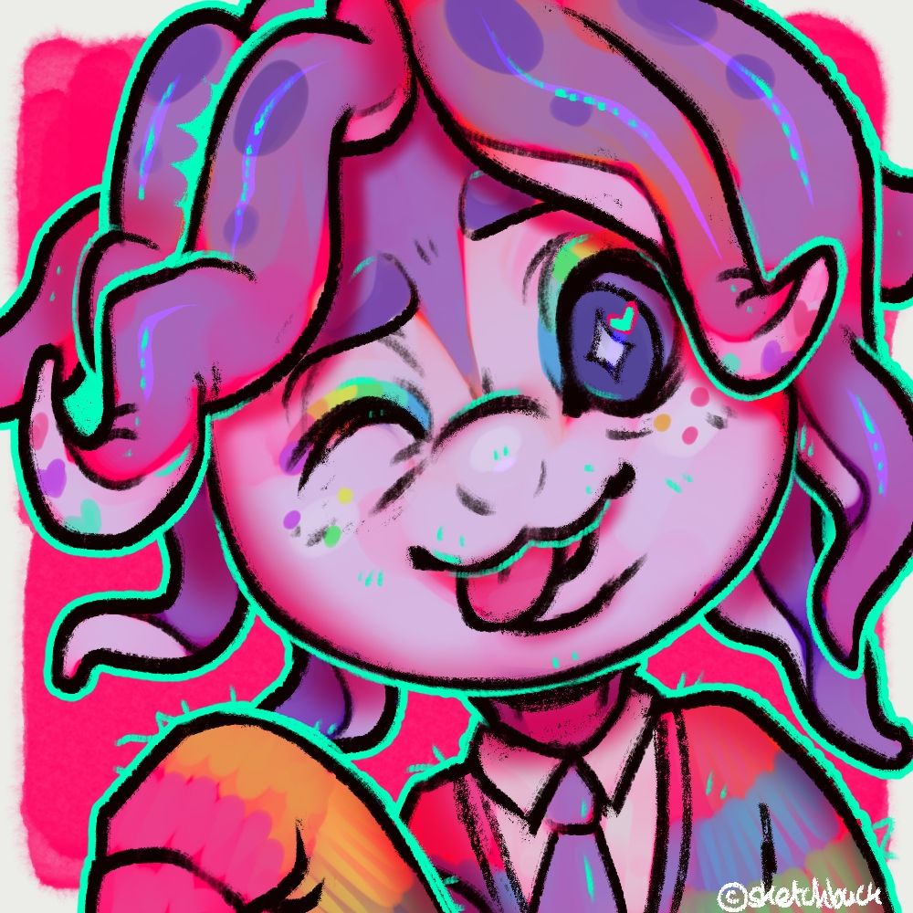 A cartoony squid-like creature with purple skin and tentacle 'hair'. He is wearing a fluffy rainbow cardigan with a shirt and purple tie. Pink background.