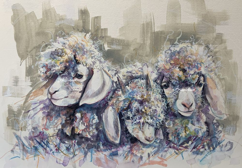 An expressive watercolour painting of 3 angora goat kids, one looks to the left, the next nibbles with a lowered head, and the third looks at the viewer. Their curls are detailed with bright colours such as blues, yellow and purple. Grey background.