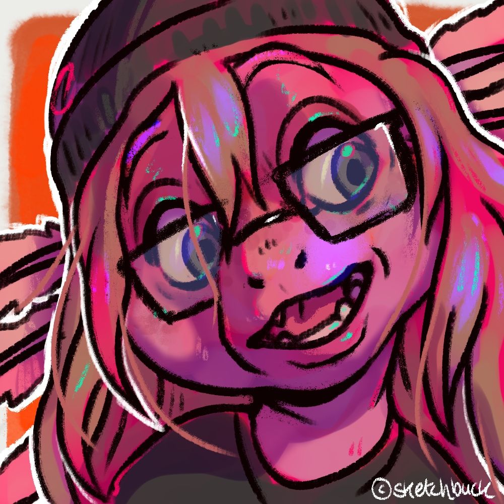 An anthro axolotl character with long blonde hair under a black beanie hat. Orange background.