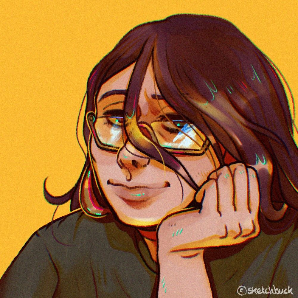 An icon of a woman with pale skin and medium length, brown hair. She rests on her palm with a calm smile. Yellow Background.